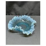 Blue Opalescent Ruffled Hobnail Dish