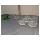 Green glass anvil glass Swan and 6 salt cellars