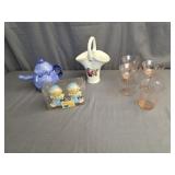 Pink Depression Glasses,  Rose Porcelain Basket,