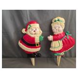 Vtg Mr & Mrs Santa Plastic Christmas Yard Stakes