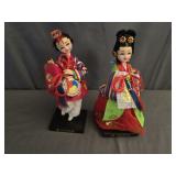 Pair of Korean Hanbok Folk Art Dolls on Bases