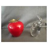 Clear Glass Elephant Weight & Apple Paper Weight