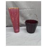 Cranberry Art Glass Vase w/ Hand Painted Floral