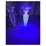 Pair Fostoria Uranium Cube Candlesticks