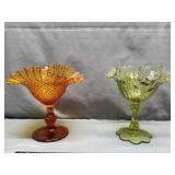 Two fenton ruffled seemed dishes green and amber