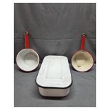 Enamel ware Pan with Lid, 2 Enamel ware Sauce