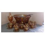 Marigold carnival glass punch bowl set and