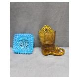 Amber Glass Boot Wall Pocket & Blue Hobnail Glass