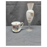 Norleans Frosted Bud Vase & Floral Mustache Cup.