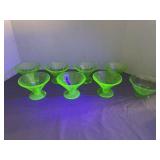 (7) Green Uranium Glass Ice Cream Dishes
