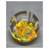 Art Glass Paperweight w/ Orange & Yellow Swirls &