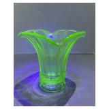 Green Uranium Ruffled Top Depression Glass Vase