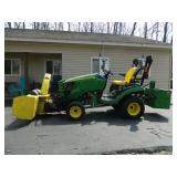 John Deere 1025 R diesel tractor w/ loader & 54" mower deck 4x4. 52" snow blower, turf tires 3 