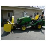 John Deere 1025 R diesel tractor w/ loader & 54" mower deck 4x4. 52" snow blower, turf tires 3 