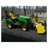 John Deere 1025 R diesel tractor w/ loader & 54" mower deck 4x4. 52" snow blower, turf tires 3 