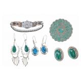 Mexican Silver, Malachite, and Turquoise Jewelry