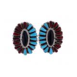 Navajo Sterling Turquoise Coral & Jet Earrings