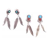 Navajo Silver Turquoise Red Branch Coral Earrings