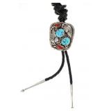 Navajo H. Tsosie Sterling Turquoise Coral Bolo Tie