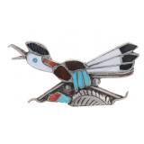 Zuni Silver Multistone Inlaid Roadrunner Pin