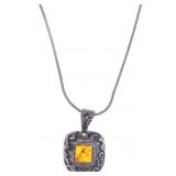 Zuni Sterling Silver Amber Stamped Necklace