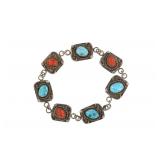 Navajo Silver Turquoise Red Branch Coral Bracelet