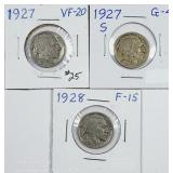 1927, 1927-S & 1928  Buffalo Nickels  VF,G & F