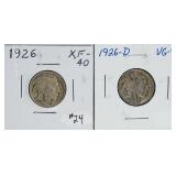 1926 & 1926-D  Buffalo Nickels  XF & VG