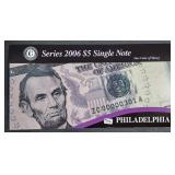 2006  $5 Federal Reserve Note  Philadelphia  CU