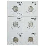 Lot of 6  Full Band  Mercury Dimes