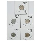 Lot of 5  Full Band  Mercury Dimes
