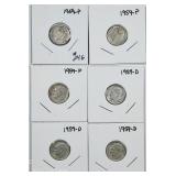 Lot of 6  Roosevelt Dimes  3-1959 & 3-1959-D
