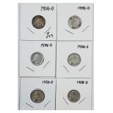 Lot of 6  1958-D  Roosevelt Dimes