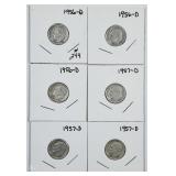 Lot of 6  Roosevelt Dimes  3-1956-D & 3-1957-D