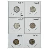 Lot of 6  Roosevelt Dimes  3-1957 & 3-1957-D