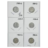 Lot of 6  1959-D  Roosevelt Dimes