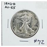 1942-D  Walking Liberty Half Dollar   AU-55