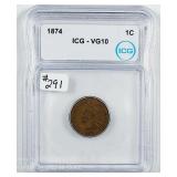 1874  Indian Head Cent   ICG VG-10