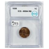 1938  Lincoln Cent   ICG MS-64 RB