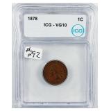 1878  Indian Head Cent   ICG VG-10