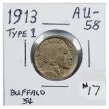 1913  Type I  Buffalo Nickel   AU-58