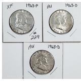 1963, 1963-D & 1963-D  Franklin Half Dollars XF-AU