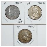 1952 P-D-S  Franklin Half Dollars  VG-VF