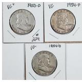 1953-D, 1954 & 1954-D  Franklin Half Dollars  VG