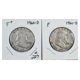 1960-D & 1961-D  Franklin Half Dollars   F
