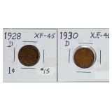 1928-D & 1930-D  Lincoln Cents   XF