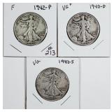 1942 P-D-S  Walking Liberty Half Dollars  VG-F