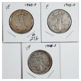 1945 P-D-S  Walking Liberty Half Dollars  F-VF