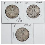 1941 P-D-S  Walking Liberty Half Dollars  VG-F