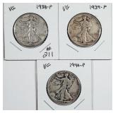 1938, 1939 & 1940 Walking Liberty Half Dollars VG